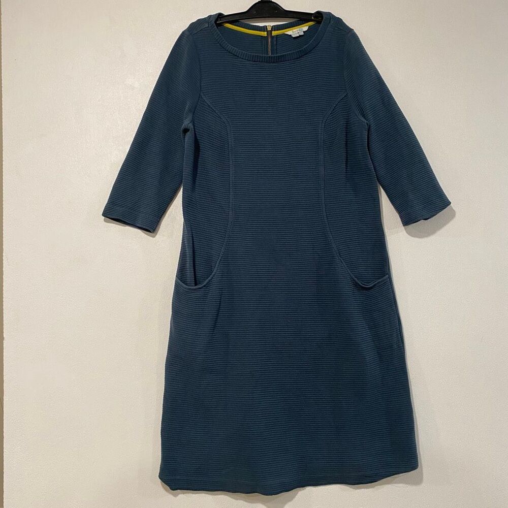 Boden Blue Ribbed Knit Shift Dress US 10L 3/4 Sleeve Pocket Work Midi - Picture 2 of 7